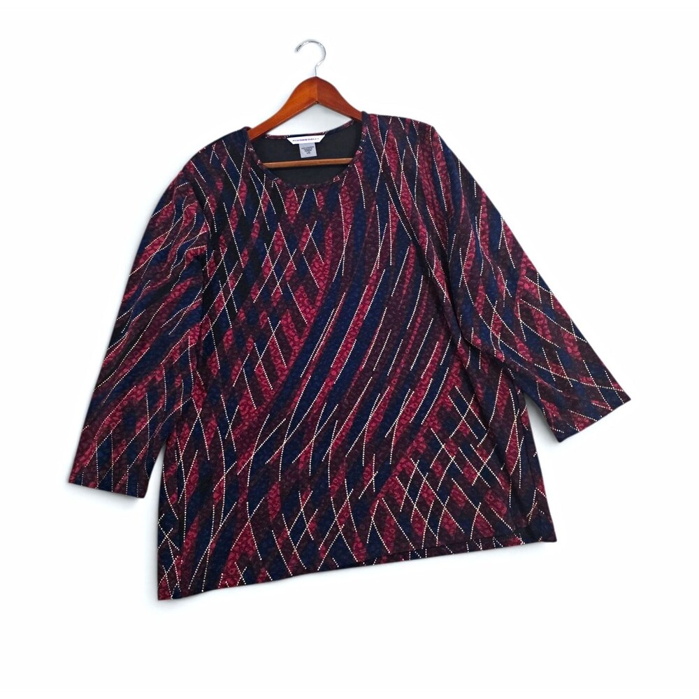Allison Daley Women's Abstract Geometric Stripe Knit Top 3/4 Sleeve Red Navy L